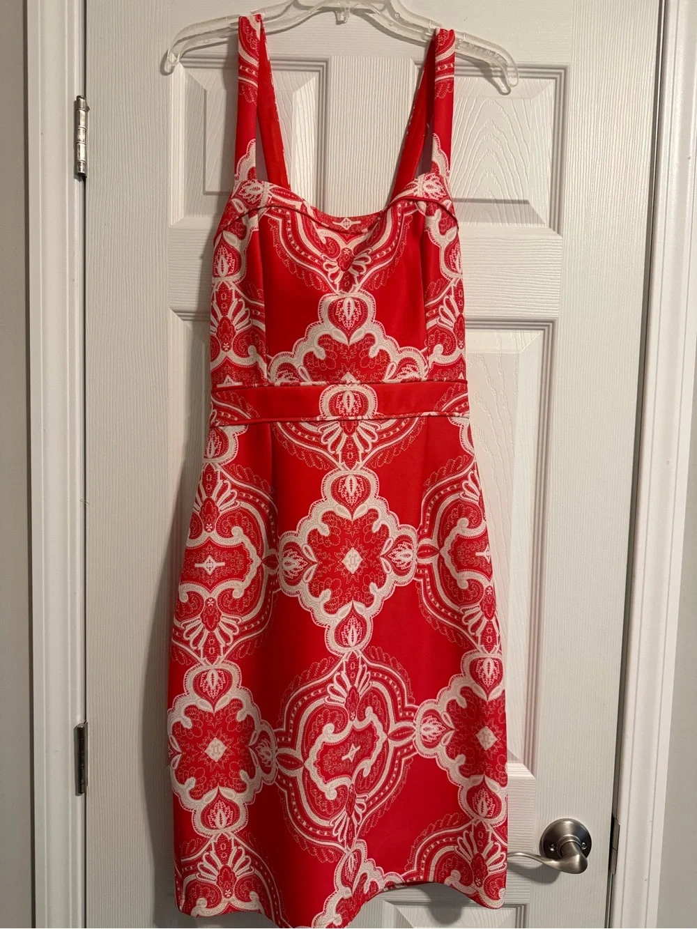 Adrianna Papell Red and White Midi Dress with Ornate Print - Picture 1 of 4
